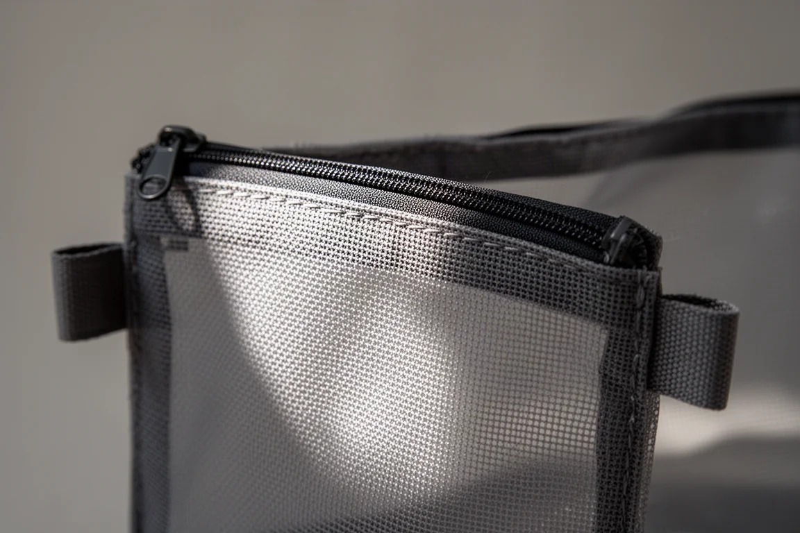 Gros plan d'un panneau de tissu mesh d'une pochette montrant la texture tissée et le bord cousu