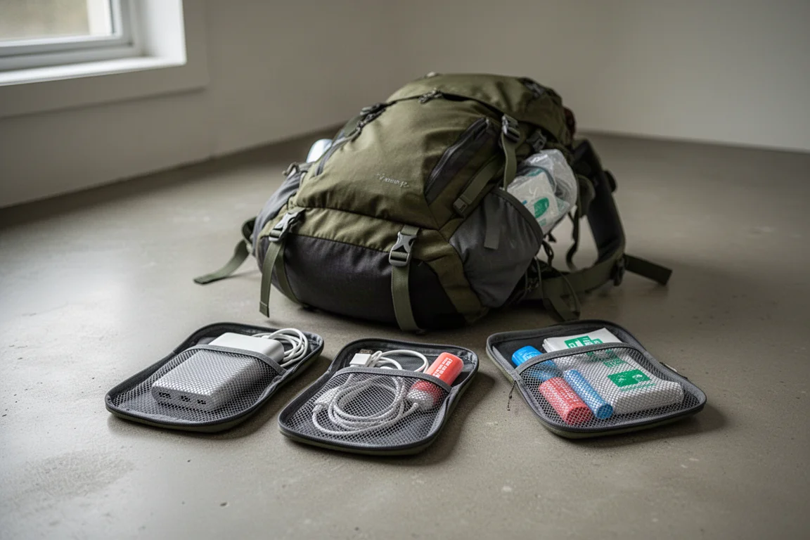 Petite pochette debout sur un sol en béton à l'intérieur d'un sac de voyage rempli