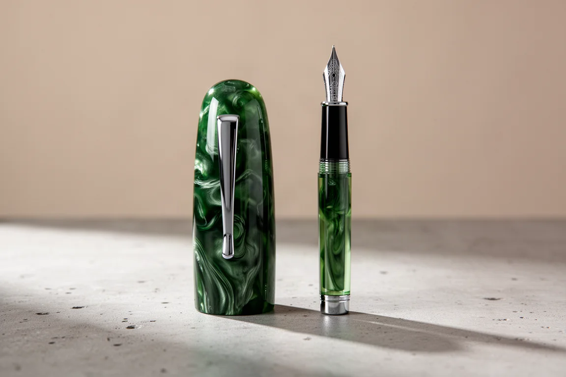 Green marbled acrylic fountain pen cap beside the slim barrel to show size difference