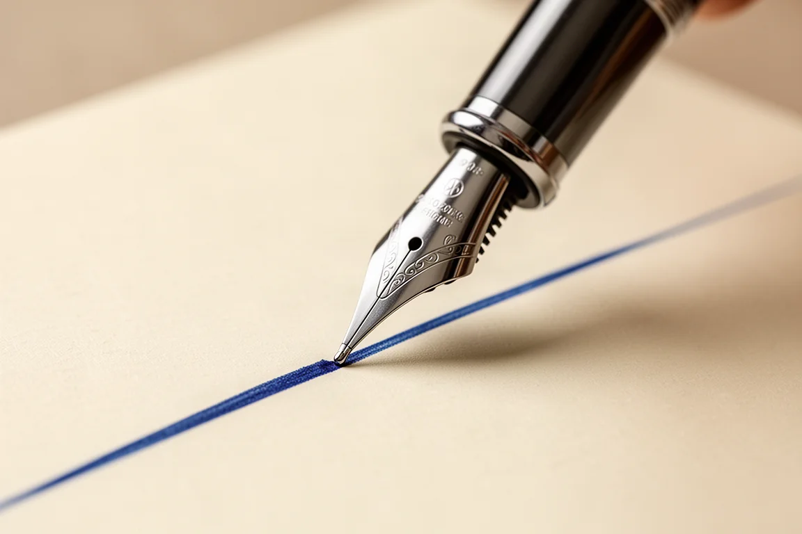 Steel fountain pen nib writing on cream paper with blue ink