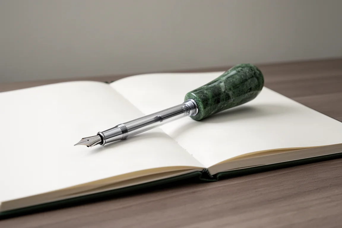 Long posted fountain pen balanced on an open notebook in soft daylight