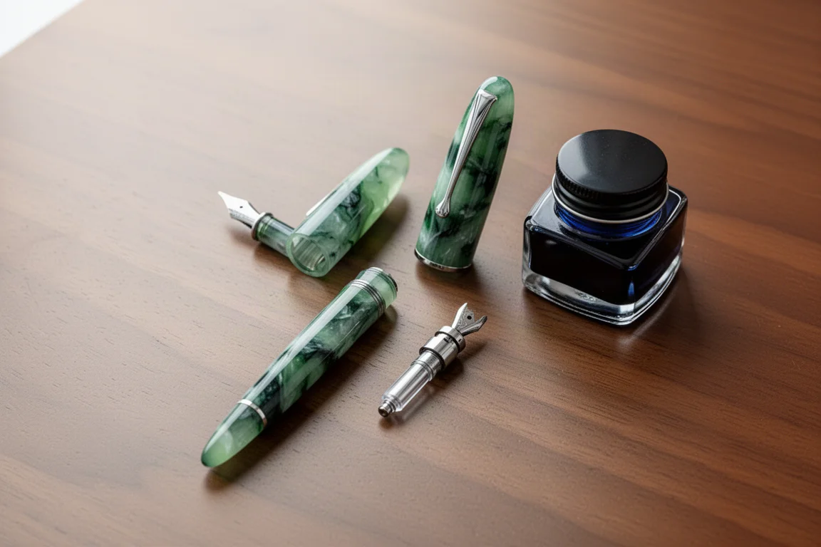 Flat-lay of fountain pen, converter and ink bottle on a wooden desk