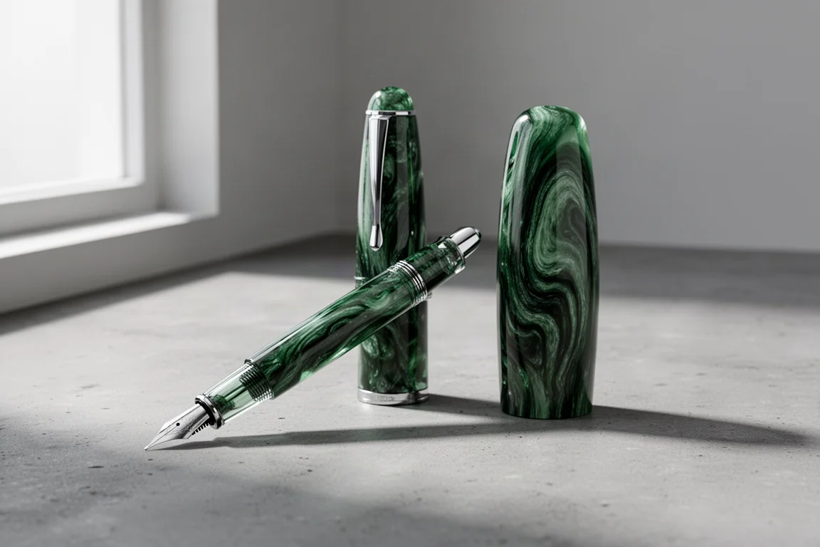 Penna stilografica in acrilico marmorizzato verde con tappo oversize su una superficie di cemento