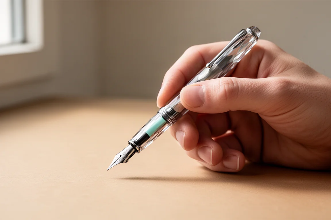 Sección delgada de la pluma sujeta en posición de escritura que muestra la zona de agarre estrecha