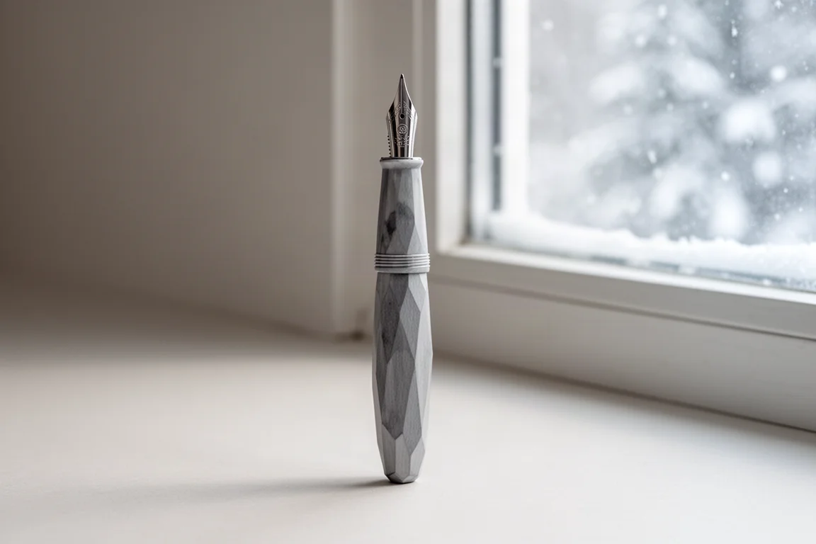 Pluma de tonos invernales grises fotografiada junto a una ventana con luz suave de nieve