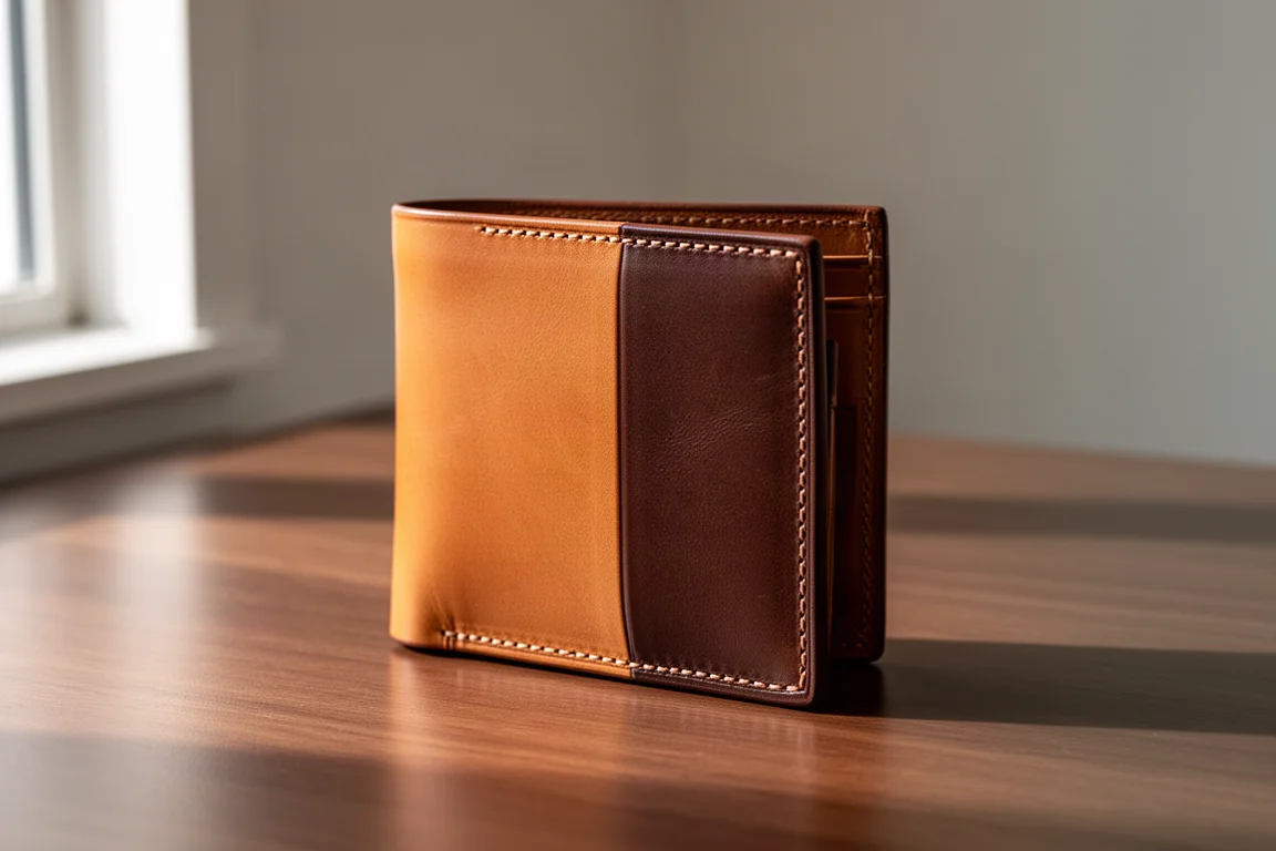 Braunes und schokofarbenes Leder-Bifold, das auf einer gebürsteten Holzplatte steht