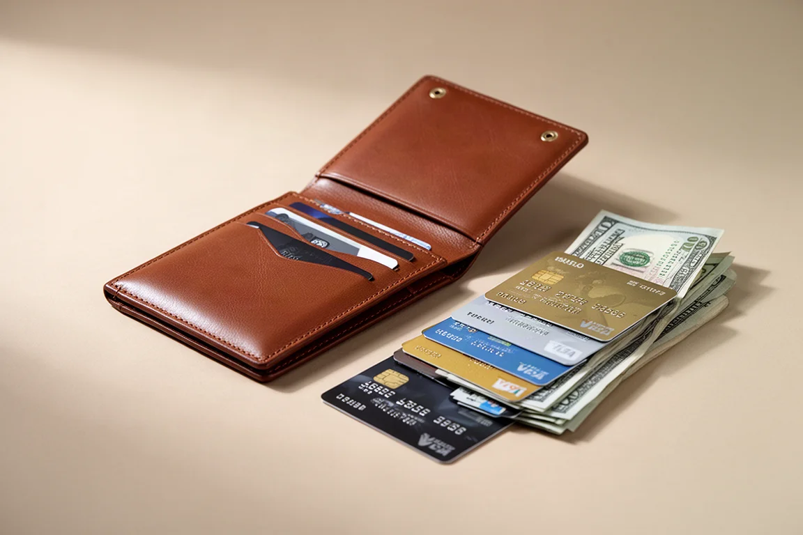 Lederbrieftasche mit mehreren Karten und gefaltetem Bargeld daneben