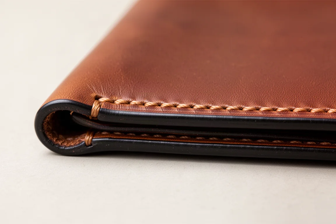 Nahaufnahme der Sattlernaht und schwarz lackierter Kanten einer Lederbrieftasche