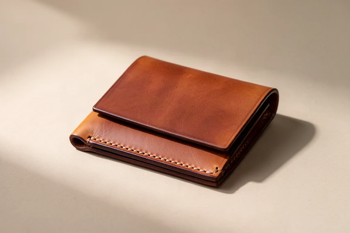 Tauruscamp Grain Wallet MINI in brown leather on a neutral backdrop