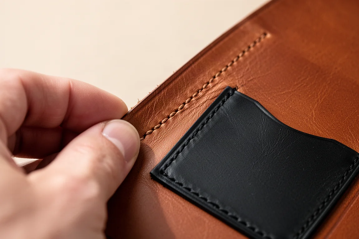 雙色皮革 EDC 收納套手工縫線特寫