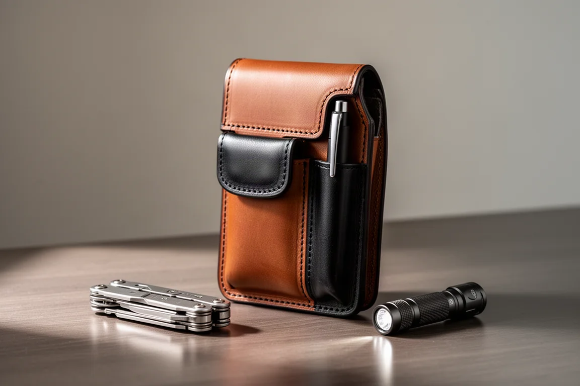 Two-tone leather EDC belt organizer with a multi-tool and flashlight beside it