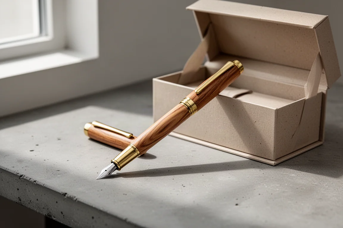 Penna stilografica in legno e ottone accanto a una scatola regalo di cartone aperta su una scrivania