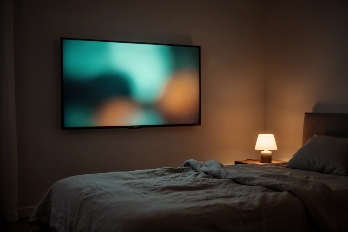 Televisore montato a parete che brilla soffusamente in una camera da letto poco illuminata di notte
