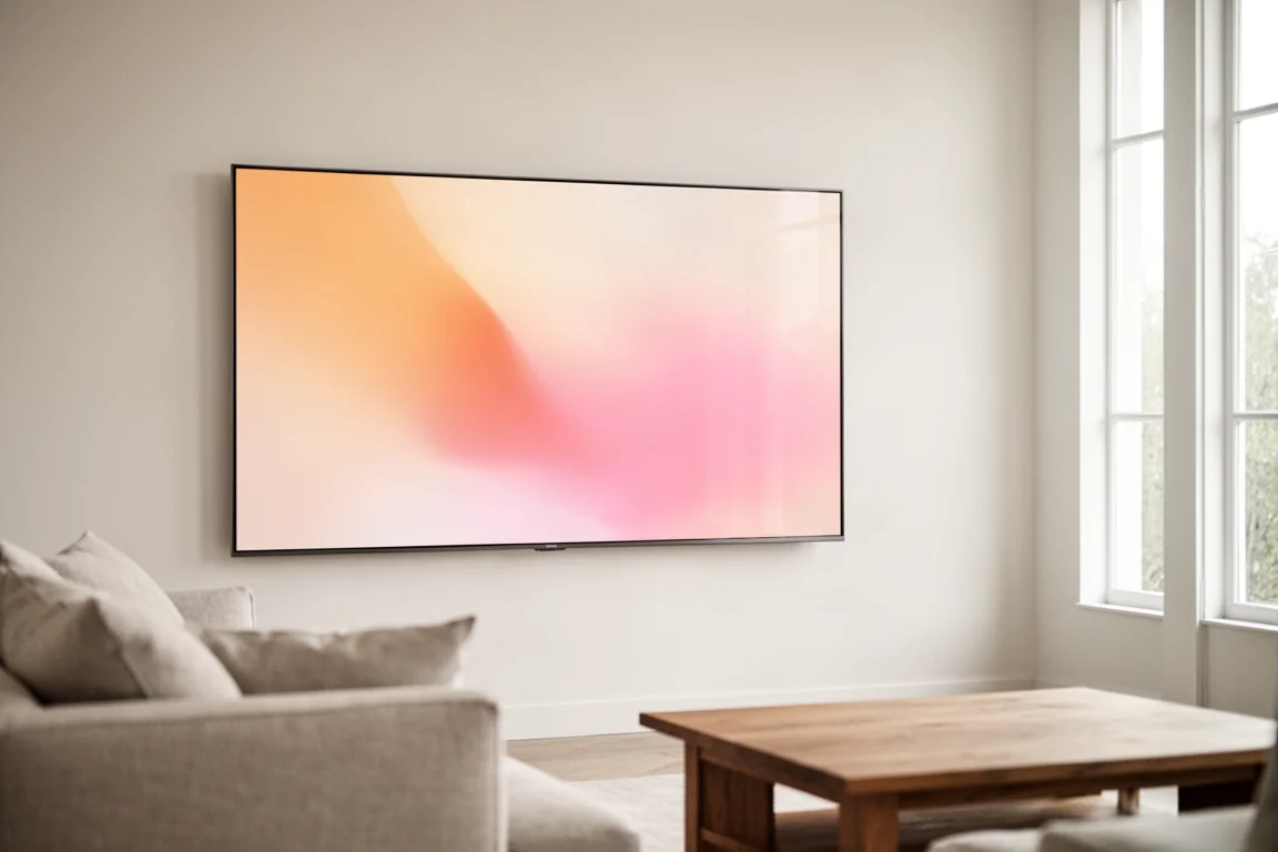 Televisore montato a parete in un soggiorno luminoso con ampie finestre