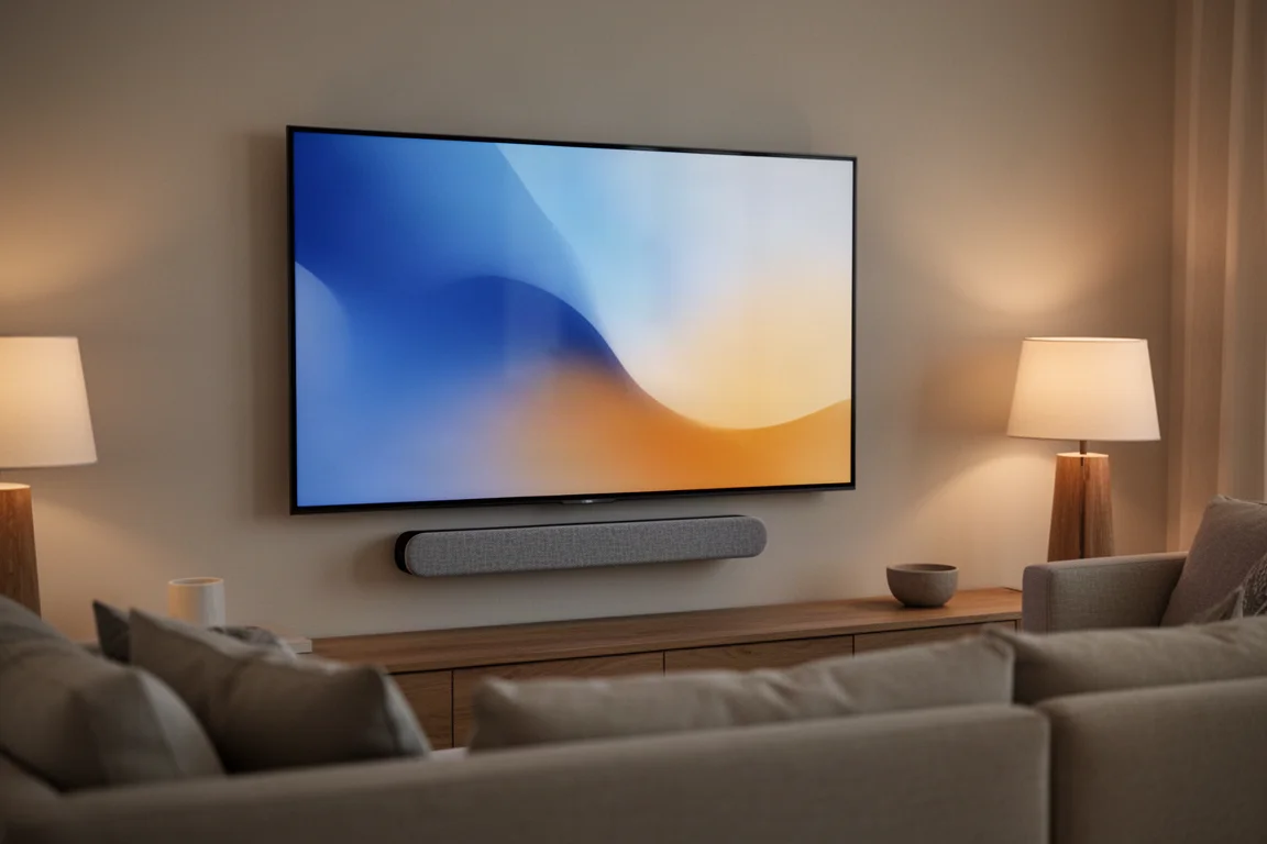 Televisore montato a parete con una soundbar sottile su un mobile in legno