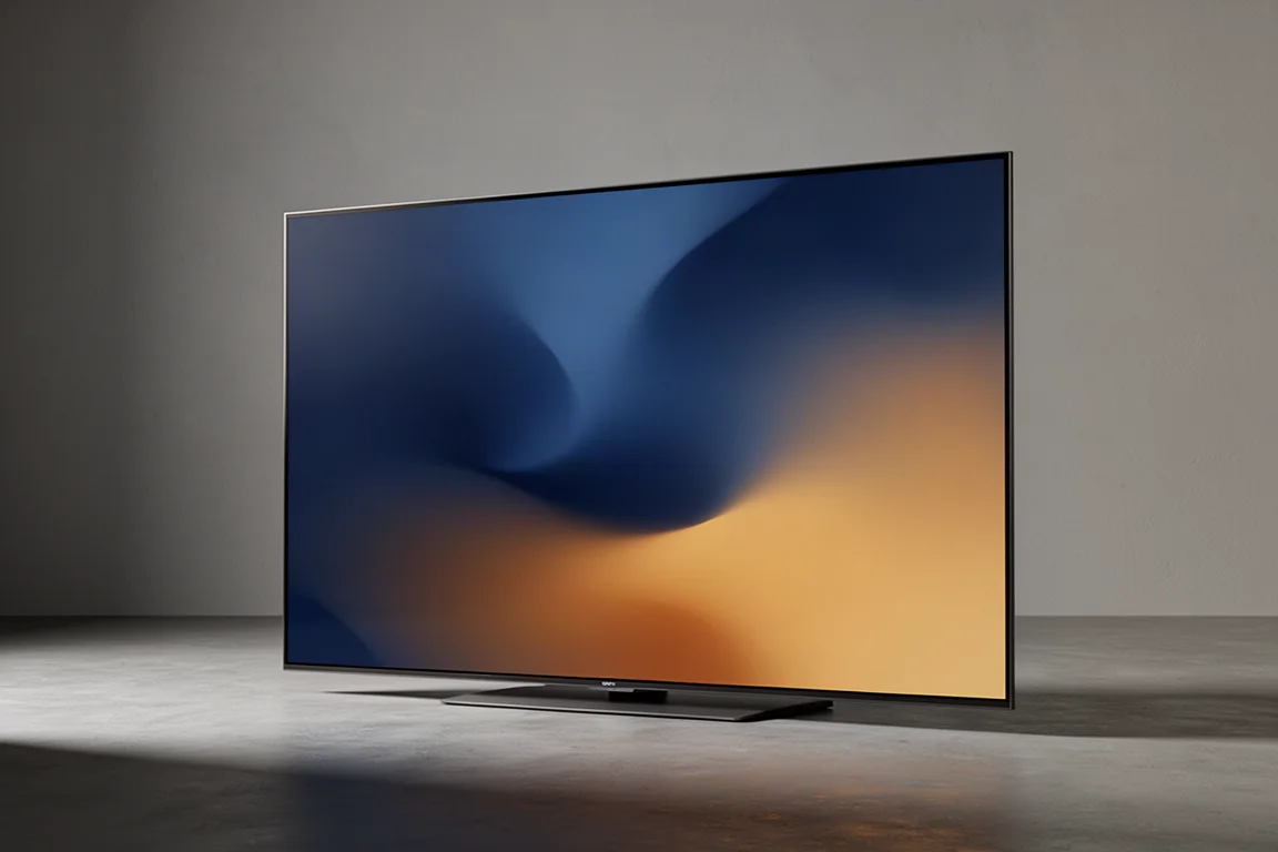 Large flat-screen television with a thin dark bezel on a concrete floor against a grey wall