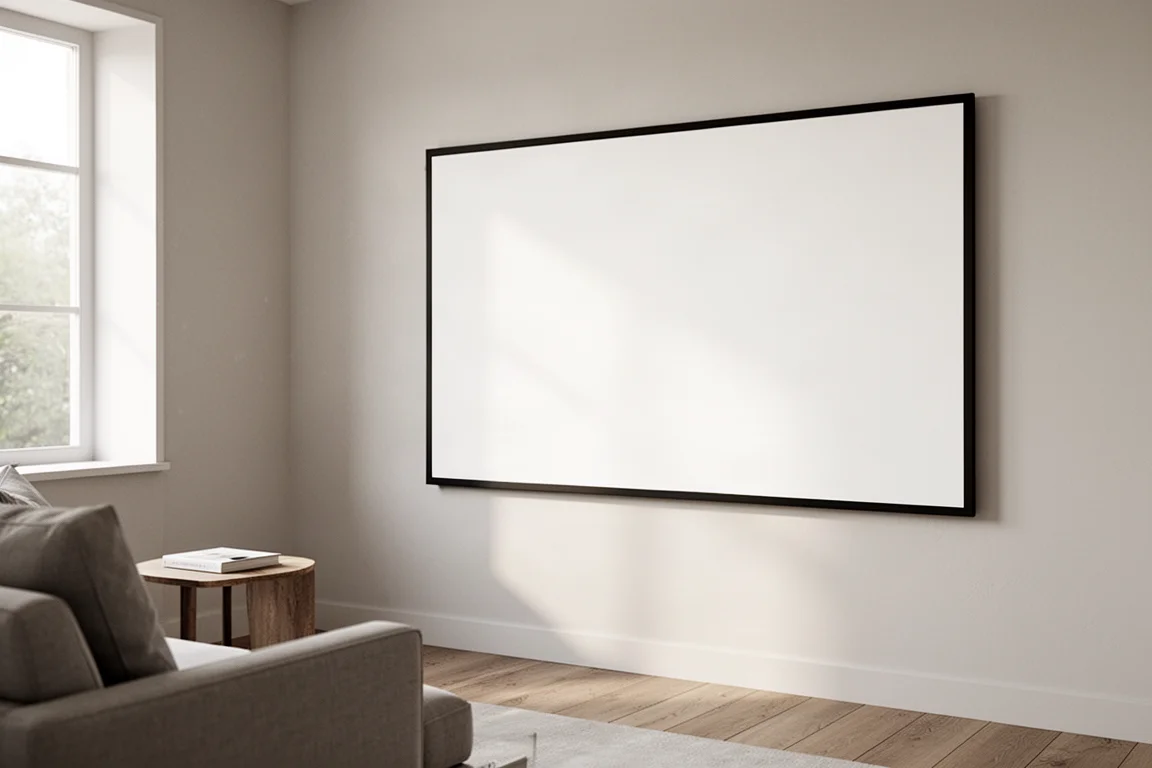 Grande display a parete visto da un'angolazione obliqua in una stanza luminosa