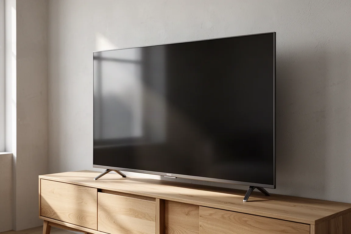 Very large flat-panel television on a light oak console against a neutral wall