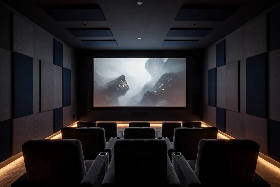 Verduisterde home-theaterruimte met een zeer groot scherm dat boven lege stoelen gloeit