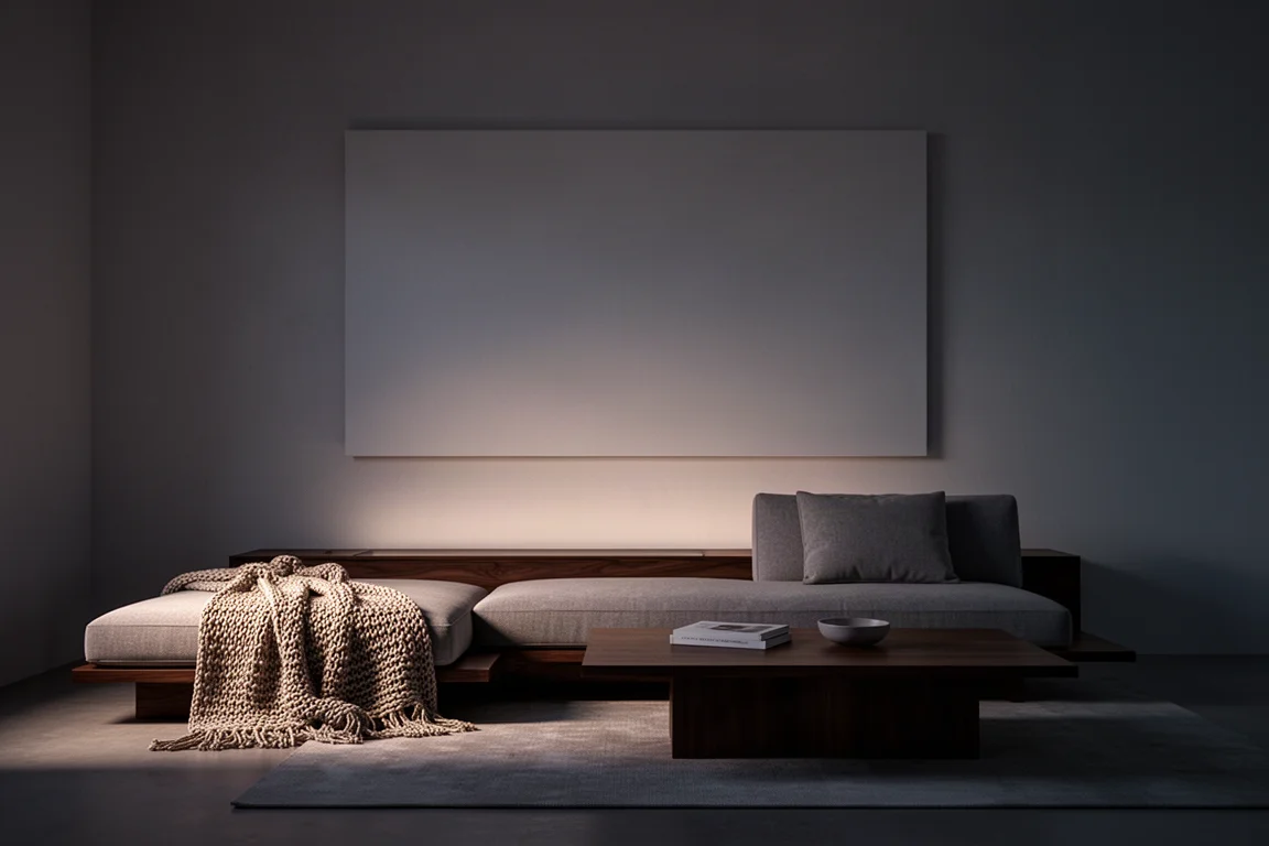 Gedimde moderne woonkamer 's nachts met een groot scherm dat zacht licht verspreidt