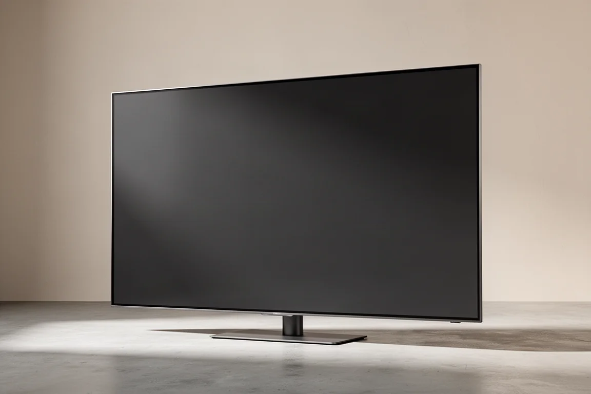 Large flat-panel television with a slim dark bezel on a neutral studio backdrop