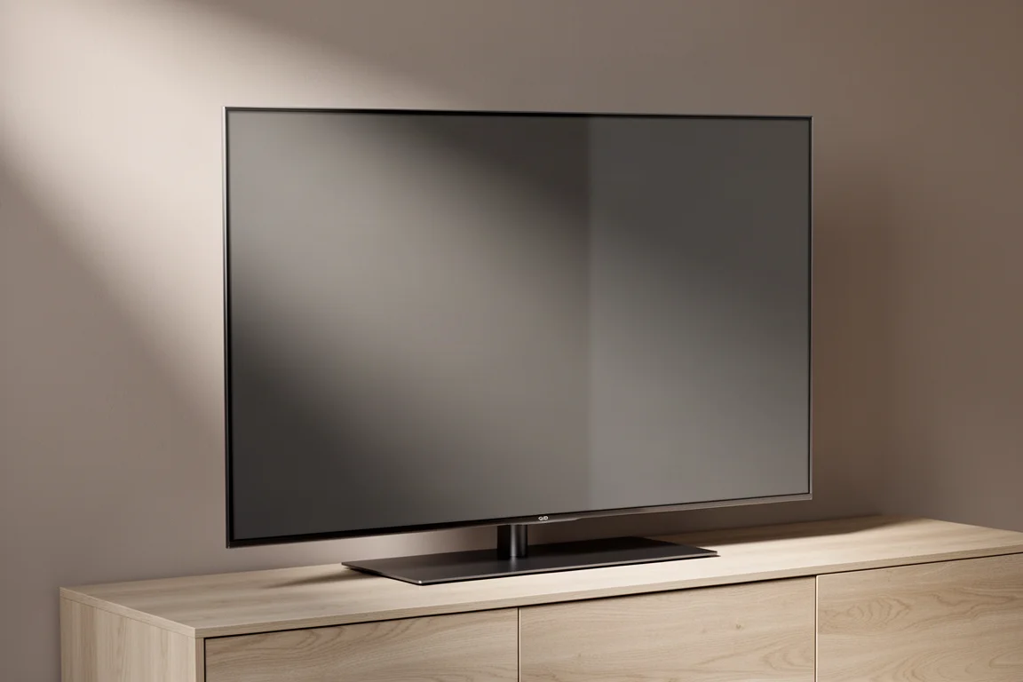 Large flat-screen QLED television on a low oak console against a warm grey wall
