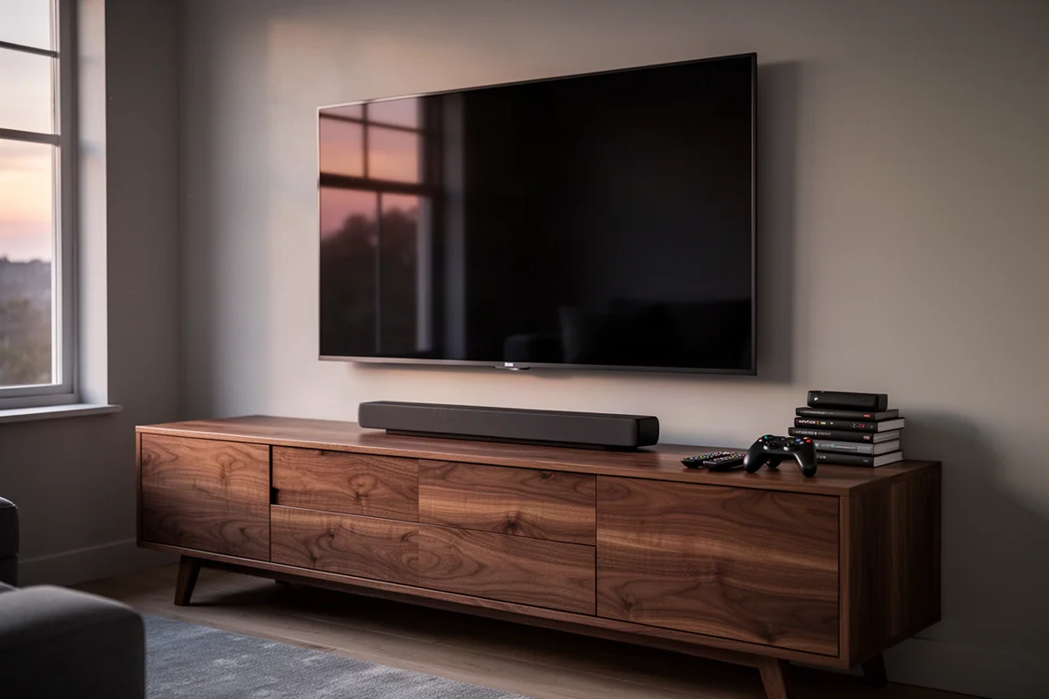 Stor väggmonterad TV ovanför en media-bänk i valnöt med soundbar och kontroll