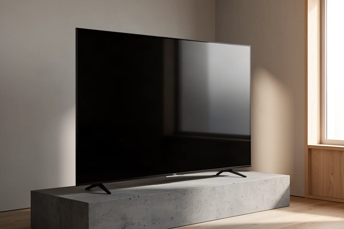Large slim-bezel flat-panel television on a concrete plinth in a minimal room