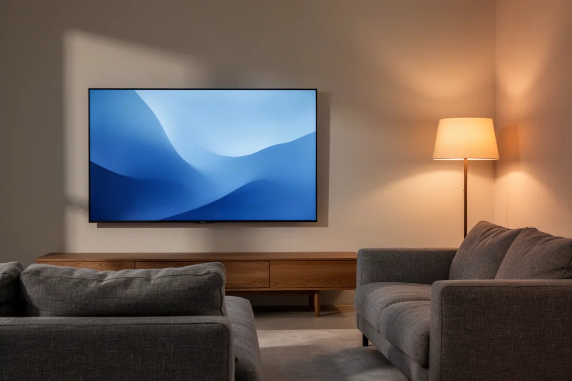 회색 소파와 따뜻한 조명의 스탠드가 있는 어두운 거실에 놓인 대형 평면 TV