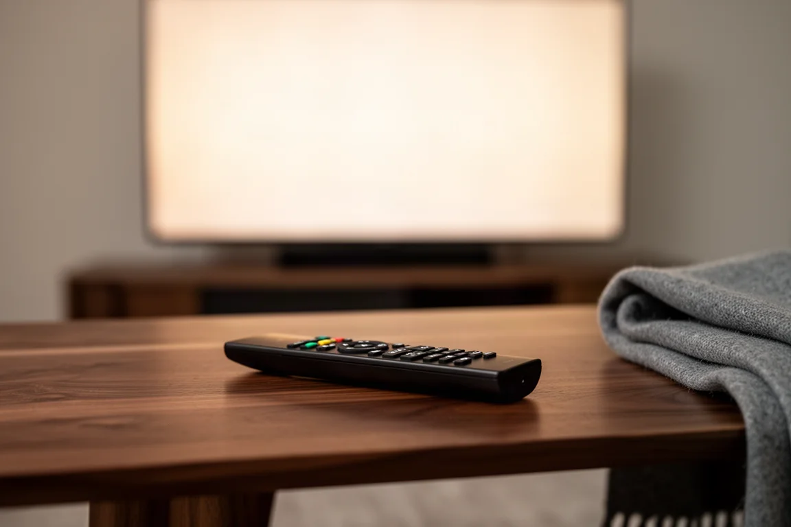 뒤로 빛나는 화면이 있는 호두나무 커피 테이블 위의 얇은 검은색 TV 리모컨