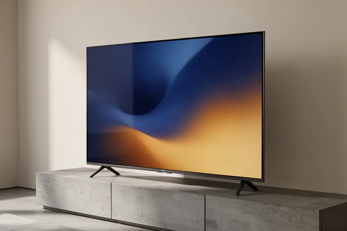 Large flat-panel 4K television with thin bezels on a concrete media console in a minimal living room
