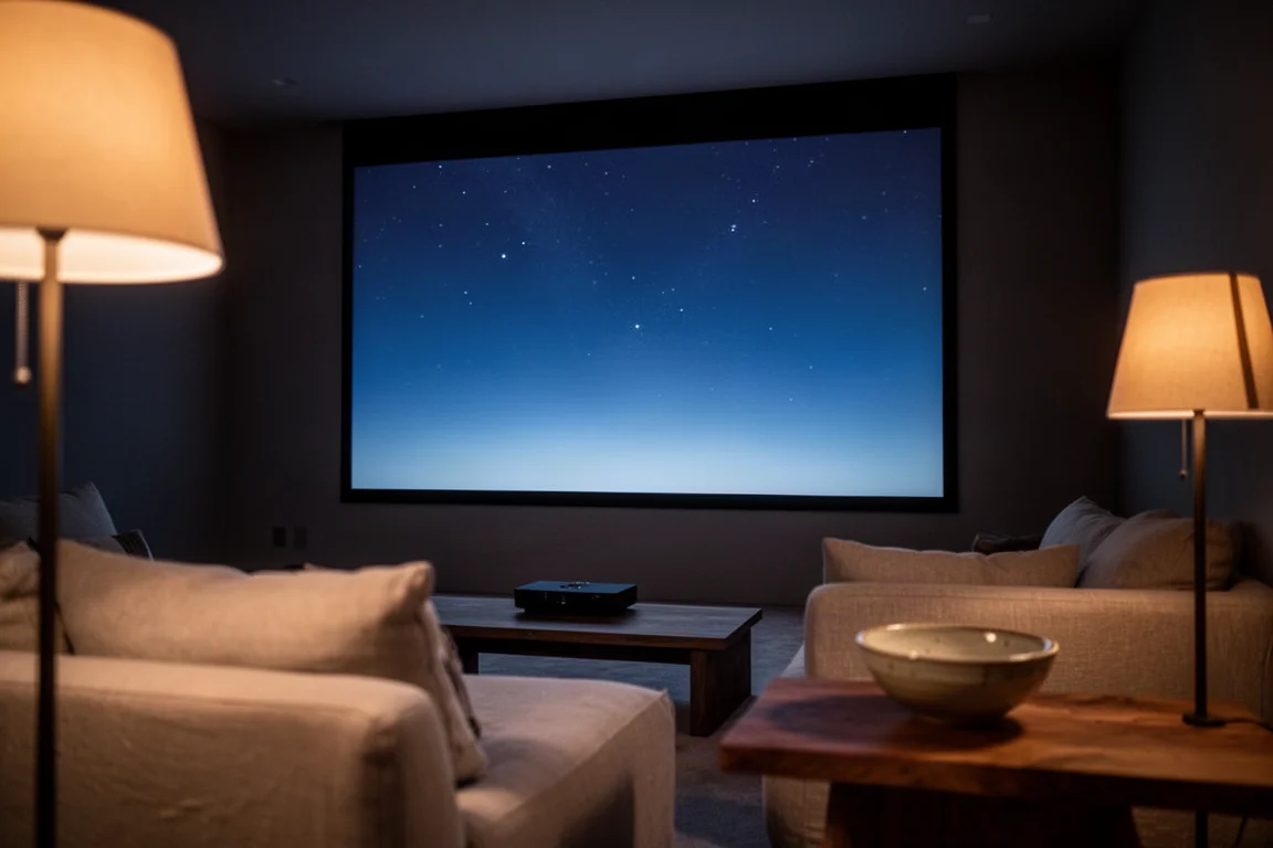Grande TV montata a parete che brilla con l'immagine di un cielo notturno blu profondo in una sala home theater buia
