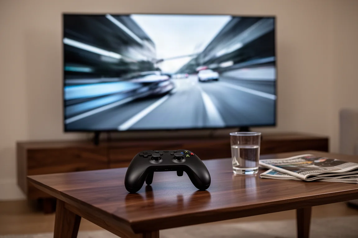 Controller di gioco su un tavolino in noce davanti a una grande TV che mostra il motion blur di una gara