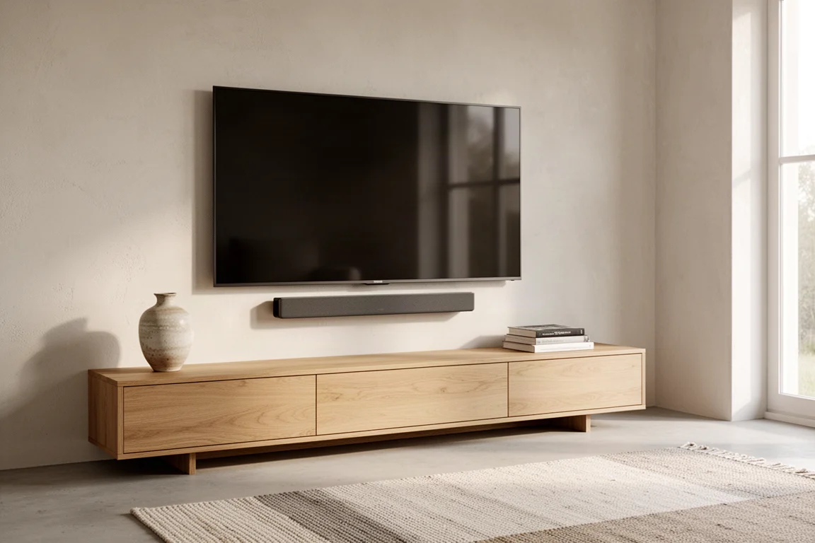 Soggiorno minimal con una grande TV a parete sopra una consolle in rovere e una soundbar sottile