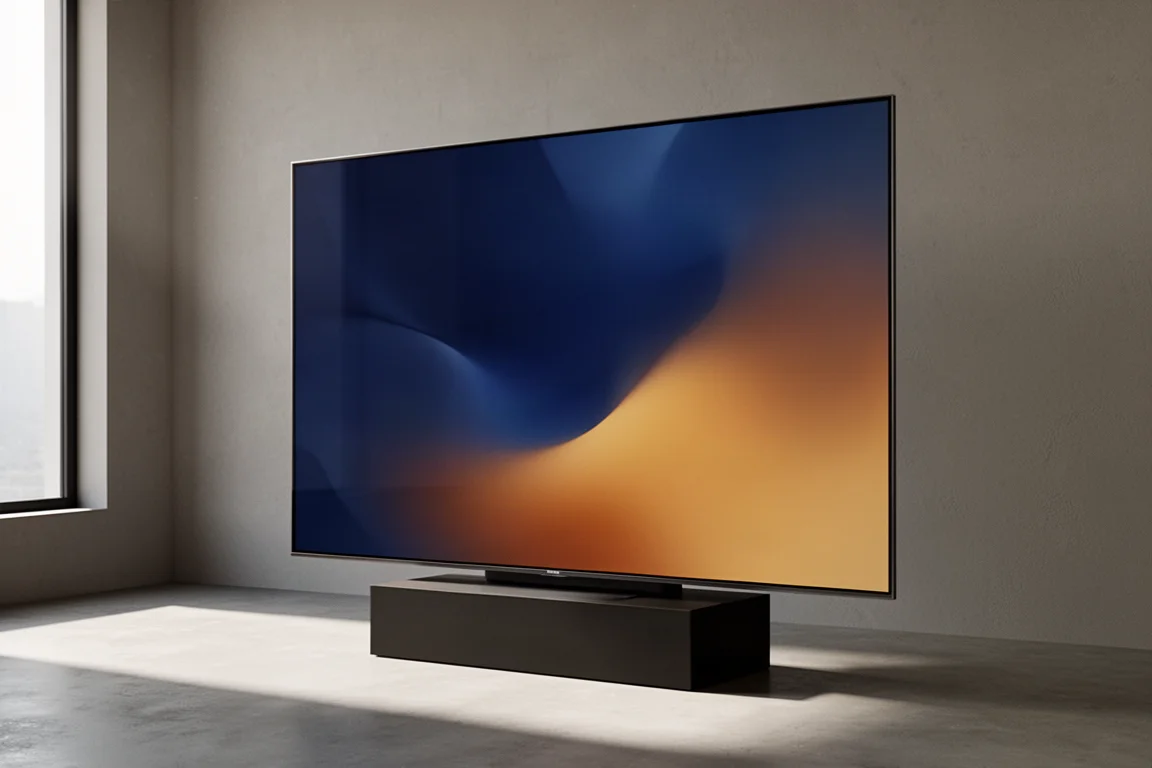 Large 98-inch flat-panel television on a slim pedestal in a minimal neutral living space