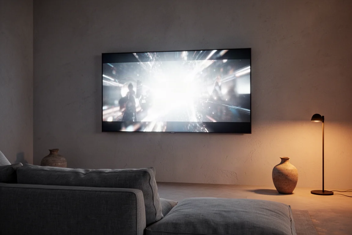 Duży telewizor płaski świecący w ciepło oświetlonym, minimalistycznym salonie o zmierzchu