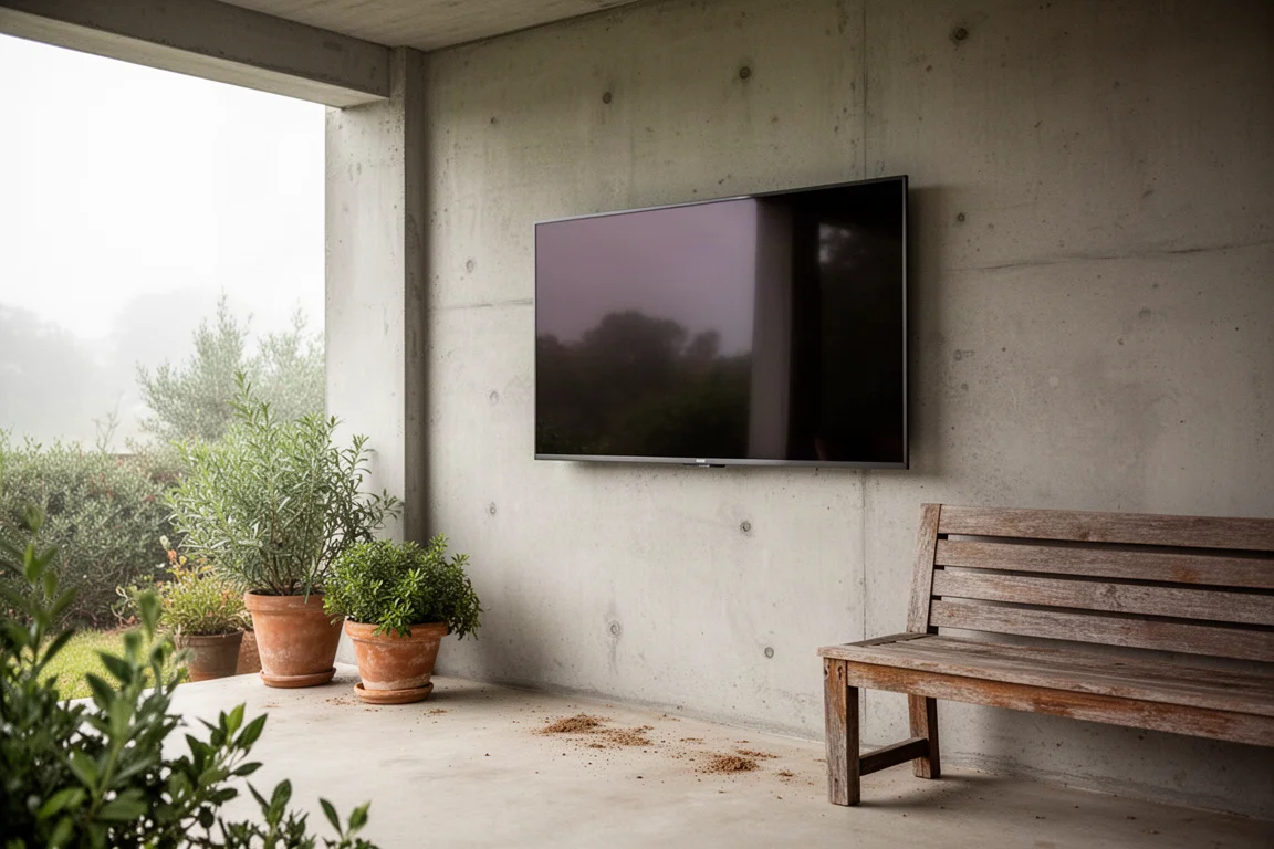 Telewizor zamontowany na ścianie zadaszonego tarasu, wśród roślin i zakurzonej betonowej posadzki