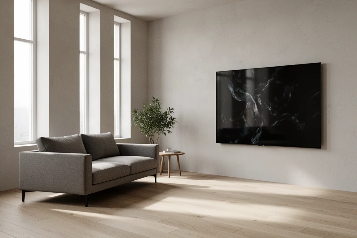 Minimalistyczny salon widziany z boku, z sofą naprzeciwko dużego telewizora na ścianie
