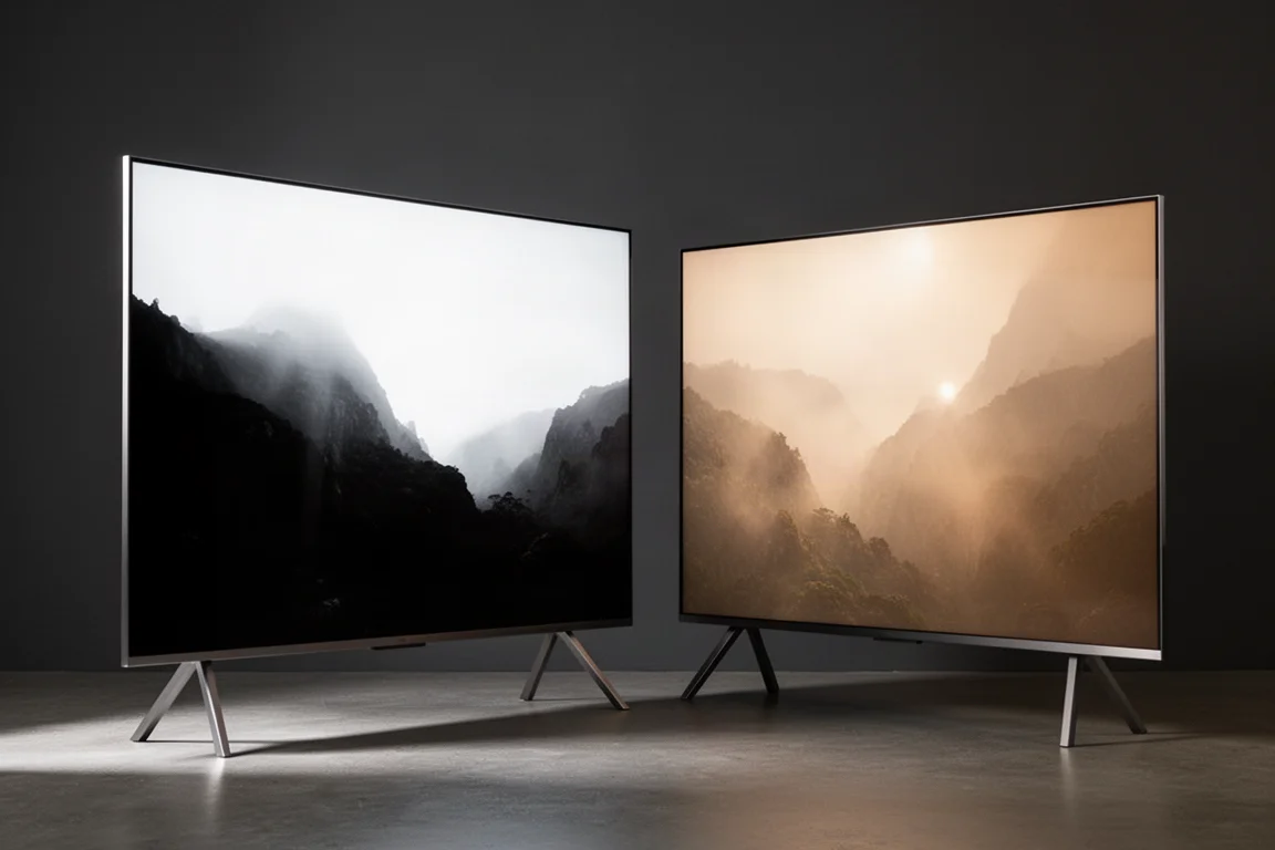 Two large flat-panel televisions side by side on stands against a charcoal wall