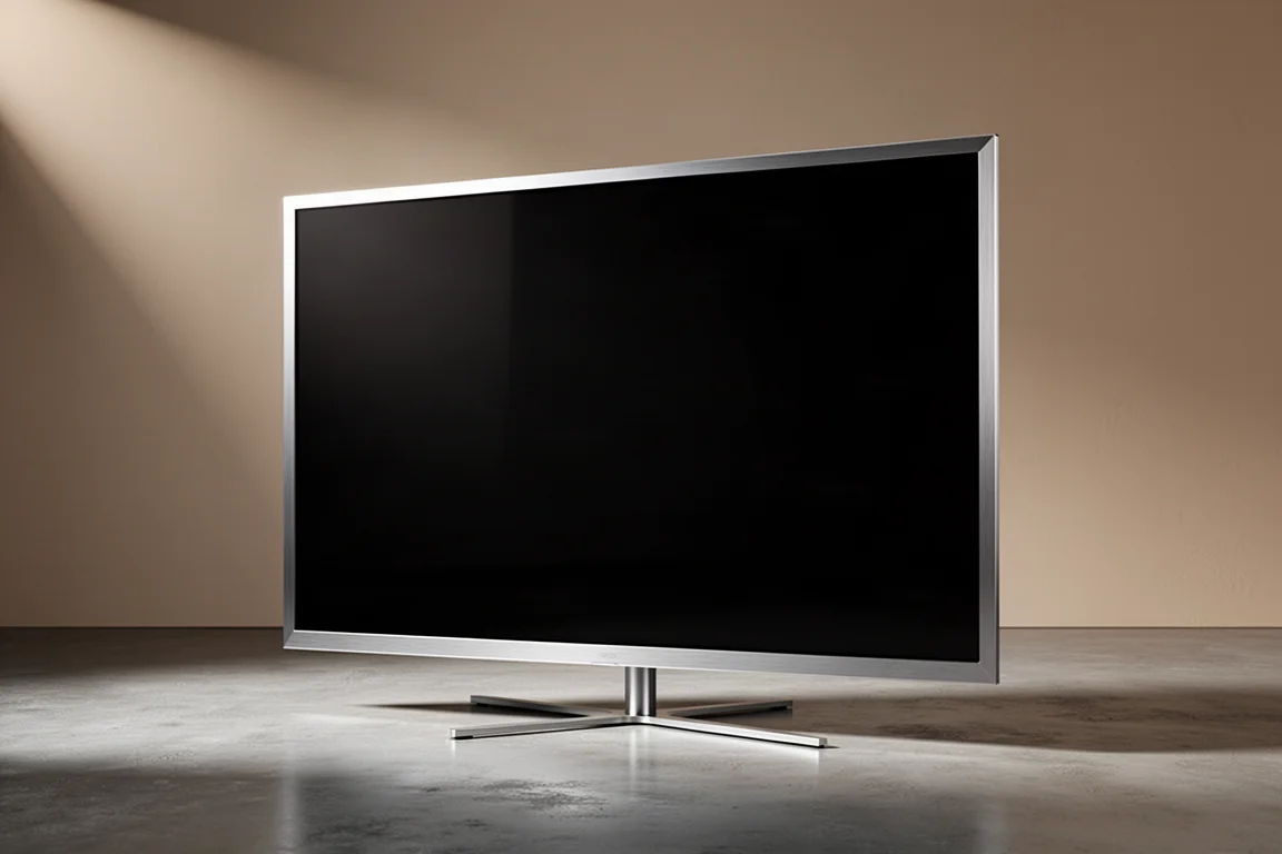 Large bezelless flat-screen television with slim aluminium frame on a polished concrete floor
