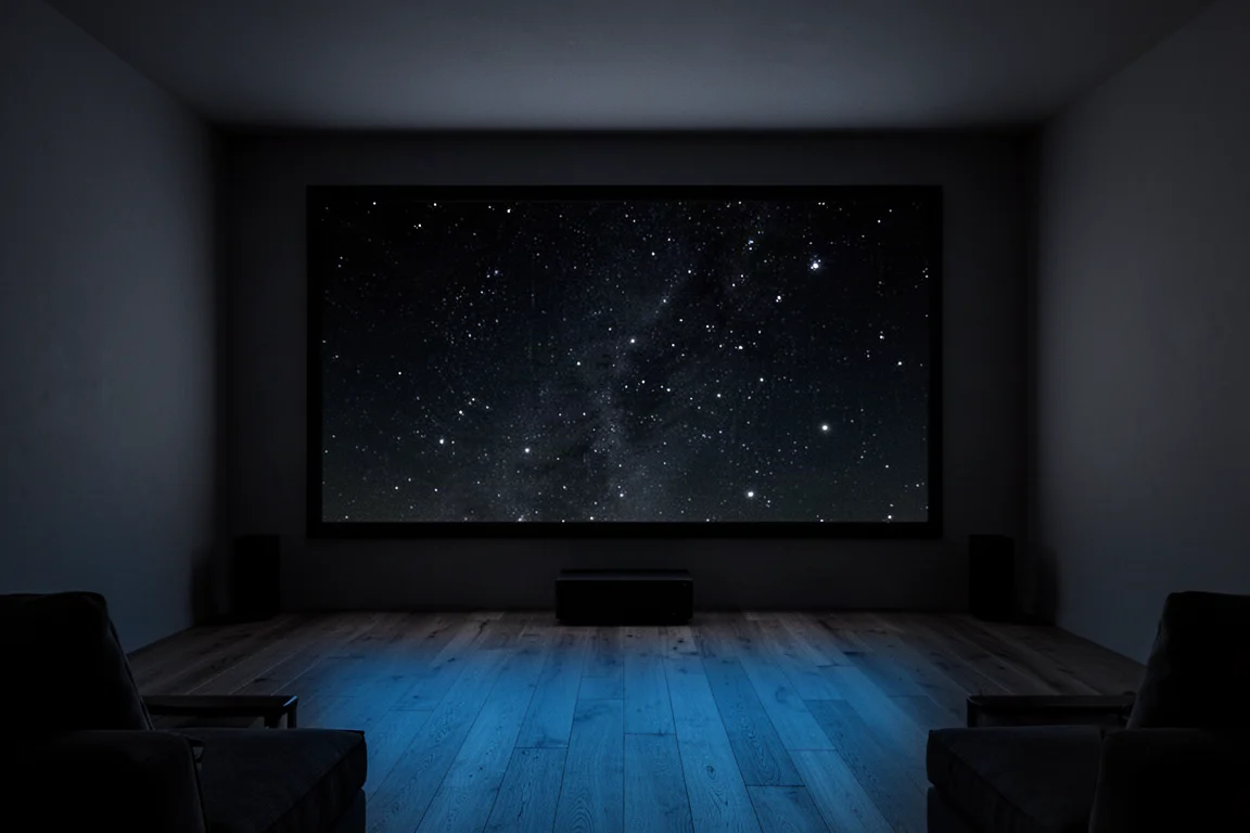 昏暗的家庭影院房间,电视屏幕上显示黑色夜空中的点点星光