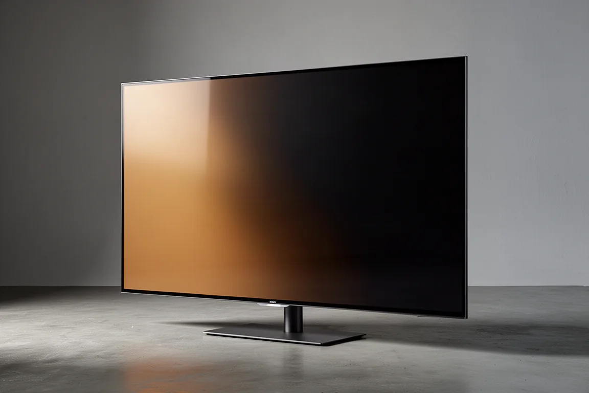 Large flat-panel television with a thin dark bezel on a neutral grey backdrop