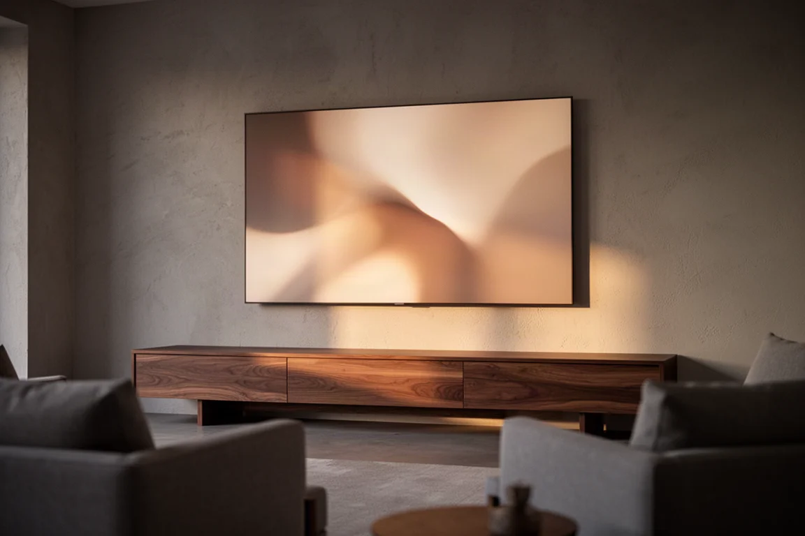 Dimly lit living room at dusk with a large wall-mounted display casting a soft glow