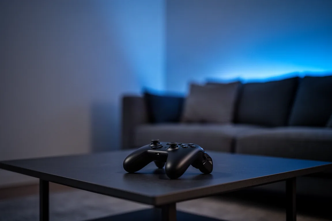 Wireless game controller in soft focus on a low table with cool screen light behind