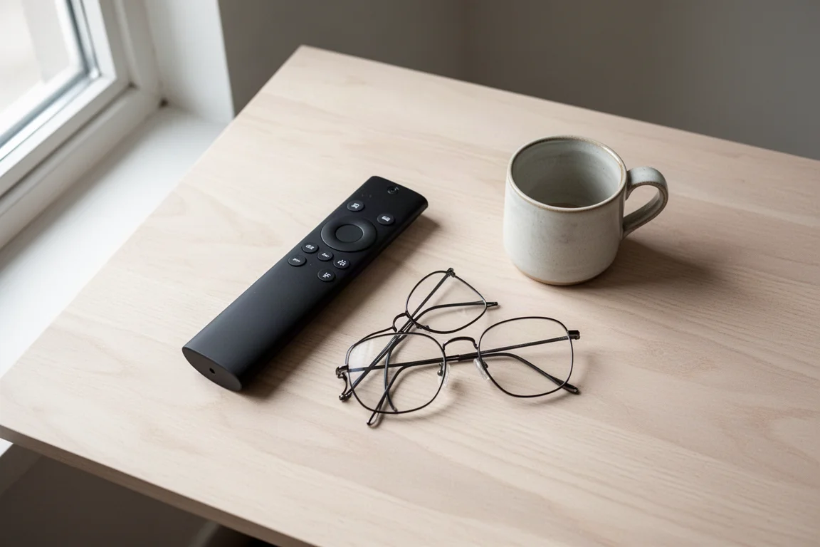 Overhead flat-lay of a slim remote control, glasses, and a ceramic mug on pale oak