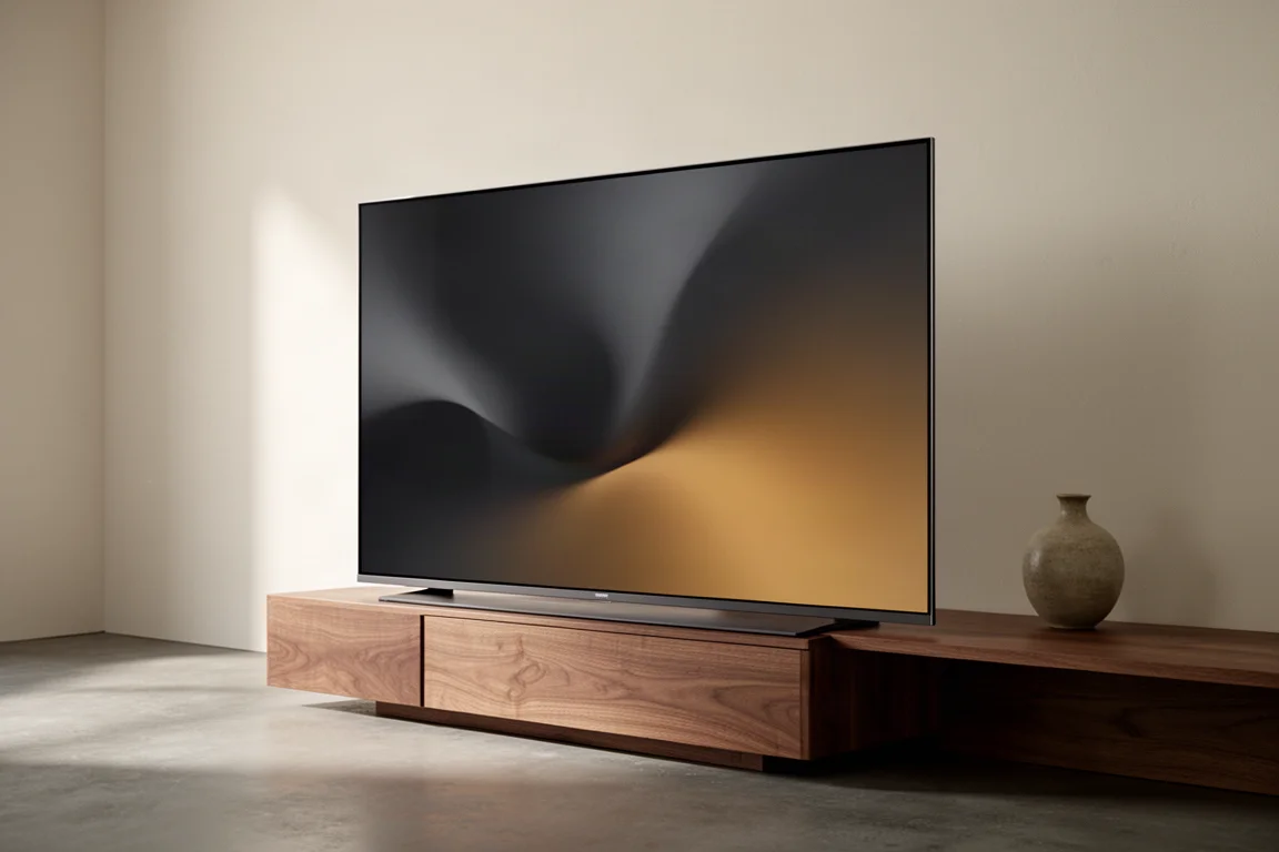 Large flat-panel television on a low oak console in a minimalist room with warm light