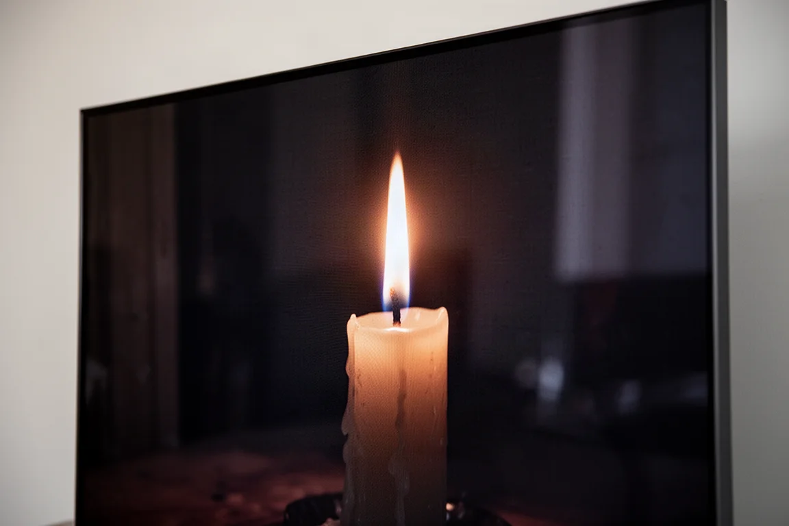 Nahaufnahme eines Fernsehbildschirms mit einer hellen Kerzenflamme vor tiefem Schatten