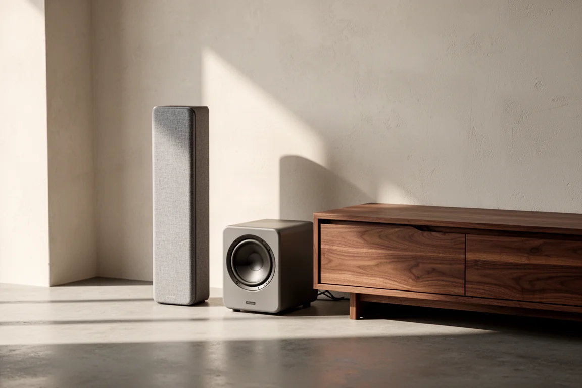 Schlanker Lautsprecher und kompakter Subwoofer neben einer niedrigen Medienkonsole in einem hellen Wohnzimmer