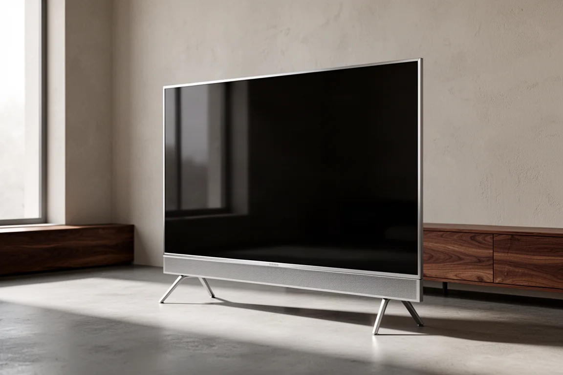Large slim aluminium television on metal legs in a minimal living room with daylight