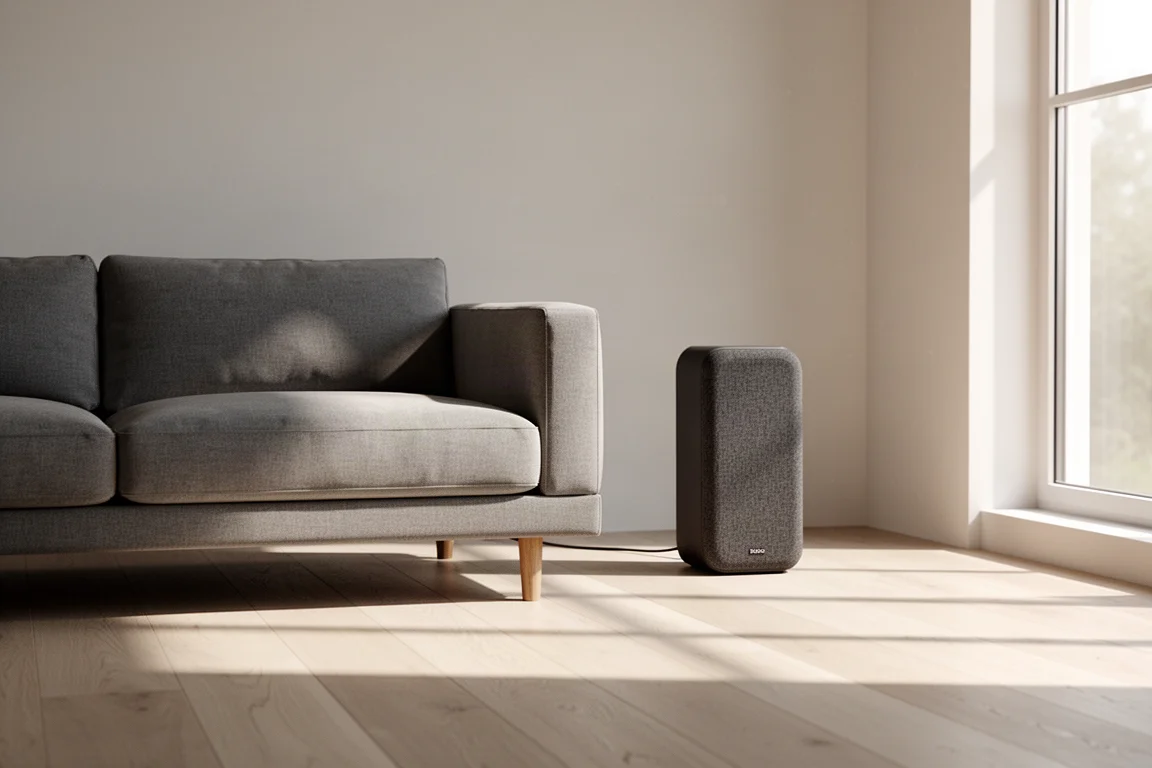 Singolo diffusore surround wireless compatto posizionato dietro un divano grigio in un soggiorno minimal